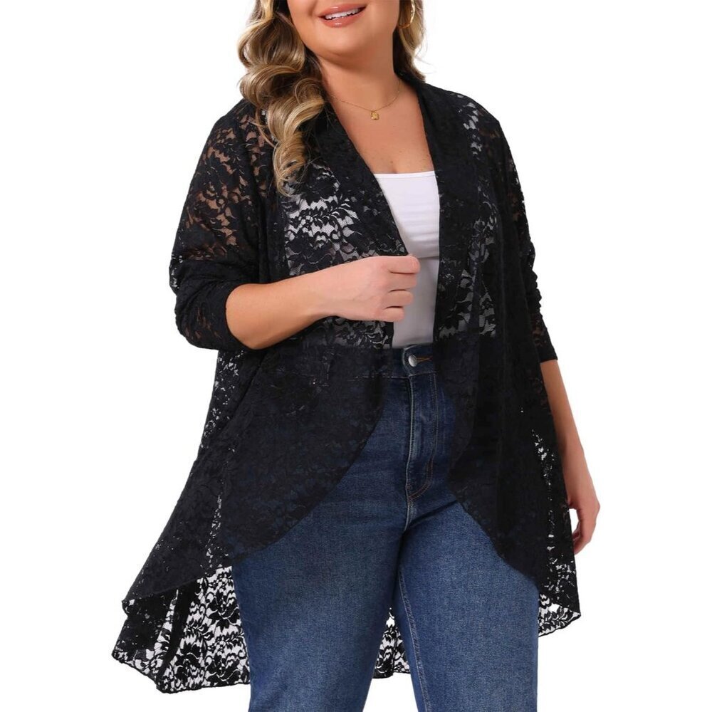 Plus Size Lace Cardigan Women Ruffle Open Front Long Sleeve Sheer Cover Up